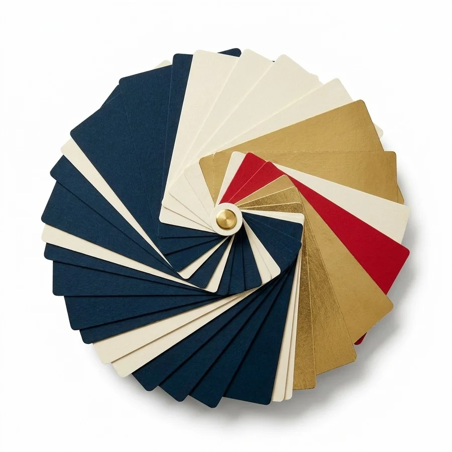 A fanned color swatch book in navy, cream, gold and red.