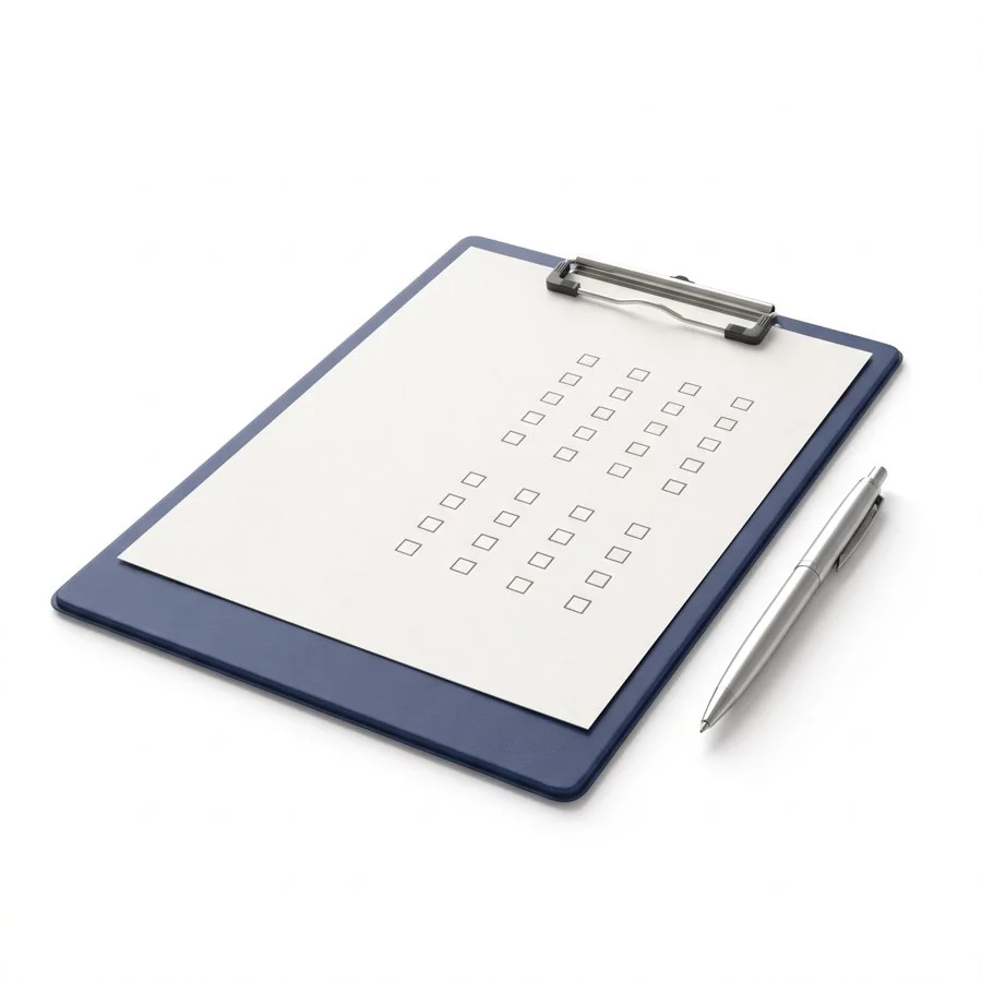 A navy clipboard holding a blank survey sheet, with a silver pen.