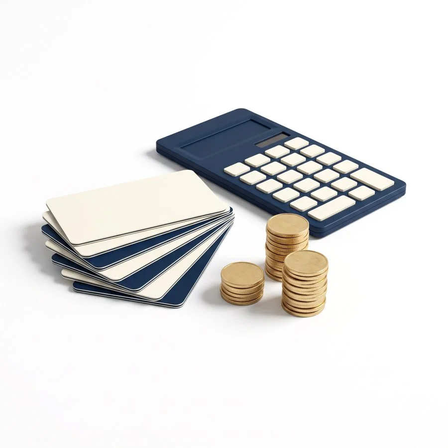 A fan of cream and navy membership cards beside stacks of gold coins and a navy calculator.