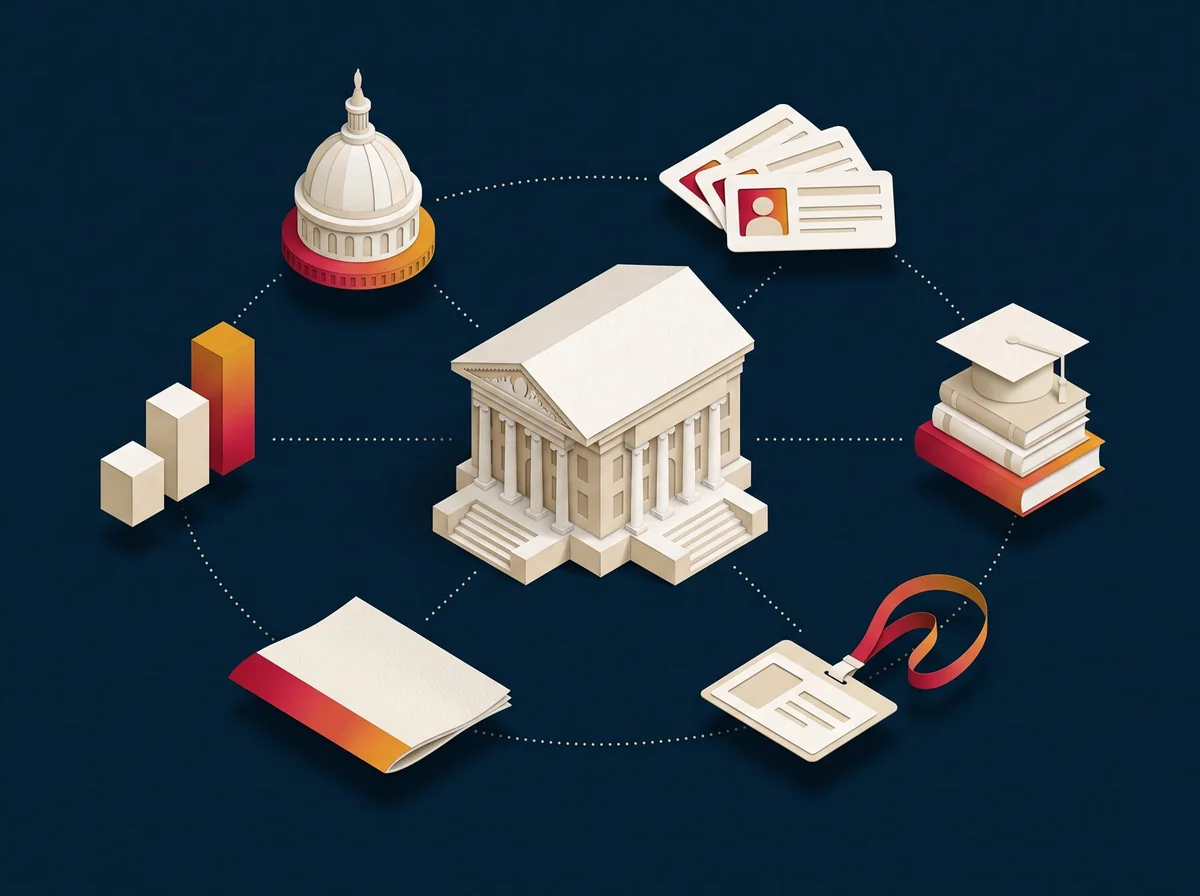 A cut-paper association building with six pieces bursting outward: a capitol dome for advocacy, membership cards, books and a cap for education, a badge and podium for events, a magazine for publications, and rising bars for growth.